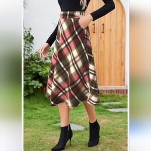 i Wool Plaid Wide Waistband A-Line Skirt. Sz S.  New.